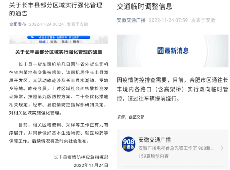 關于長豐縣部分區域實行強化管理的通告